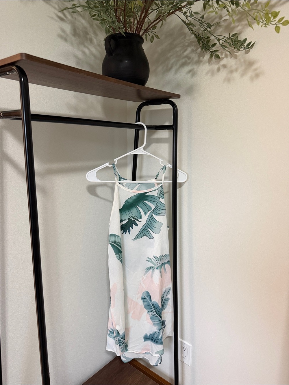 SHEIN White Midi Dress with Green Leaf & Pale Pink Print